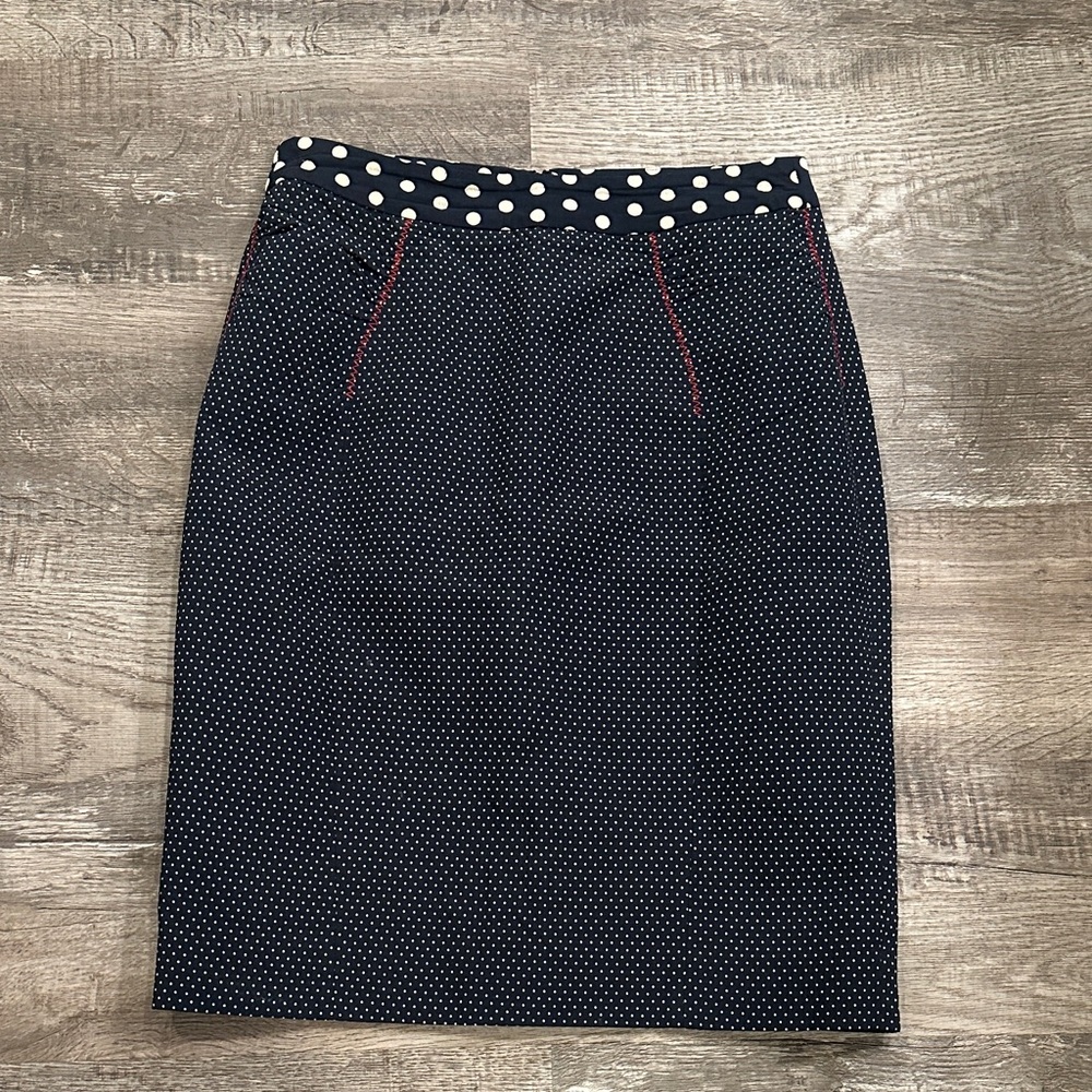 Women's Baraschi for Anthropologie Navy White‎ Polka Dot Pencil Skirt Size 14